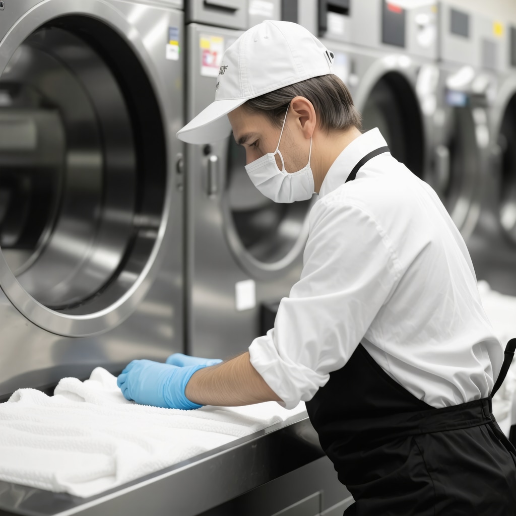 Laundry technician carefully inspecting delicate garments with eco-friendly detergents