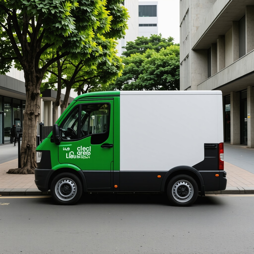 Electric van delivering laundry in city setting