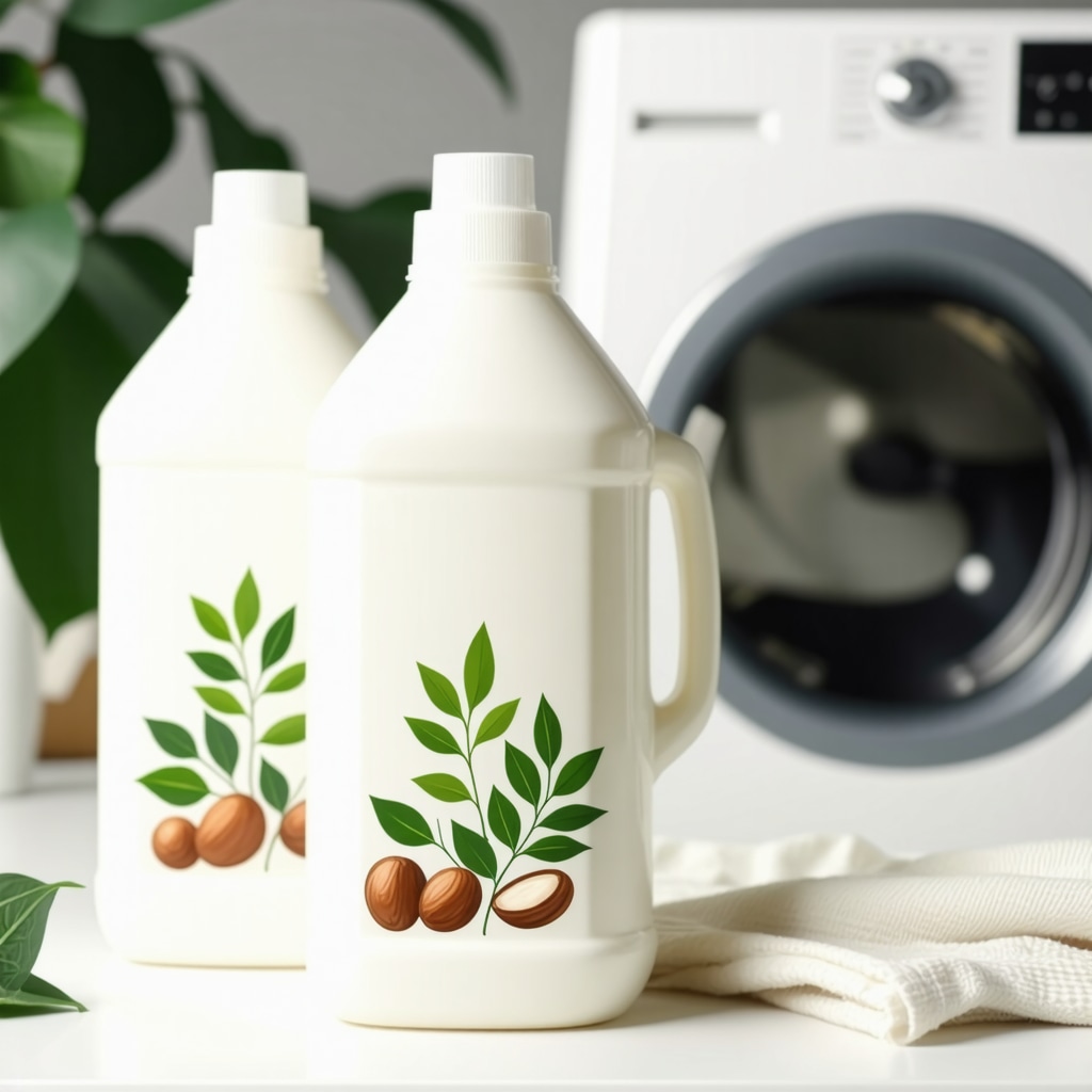 Eco-friendly hypoallergenic detergent bottles with natural ingredients in laundry room