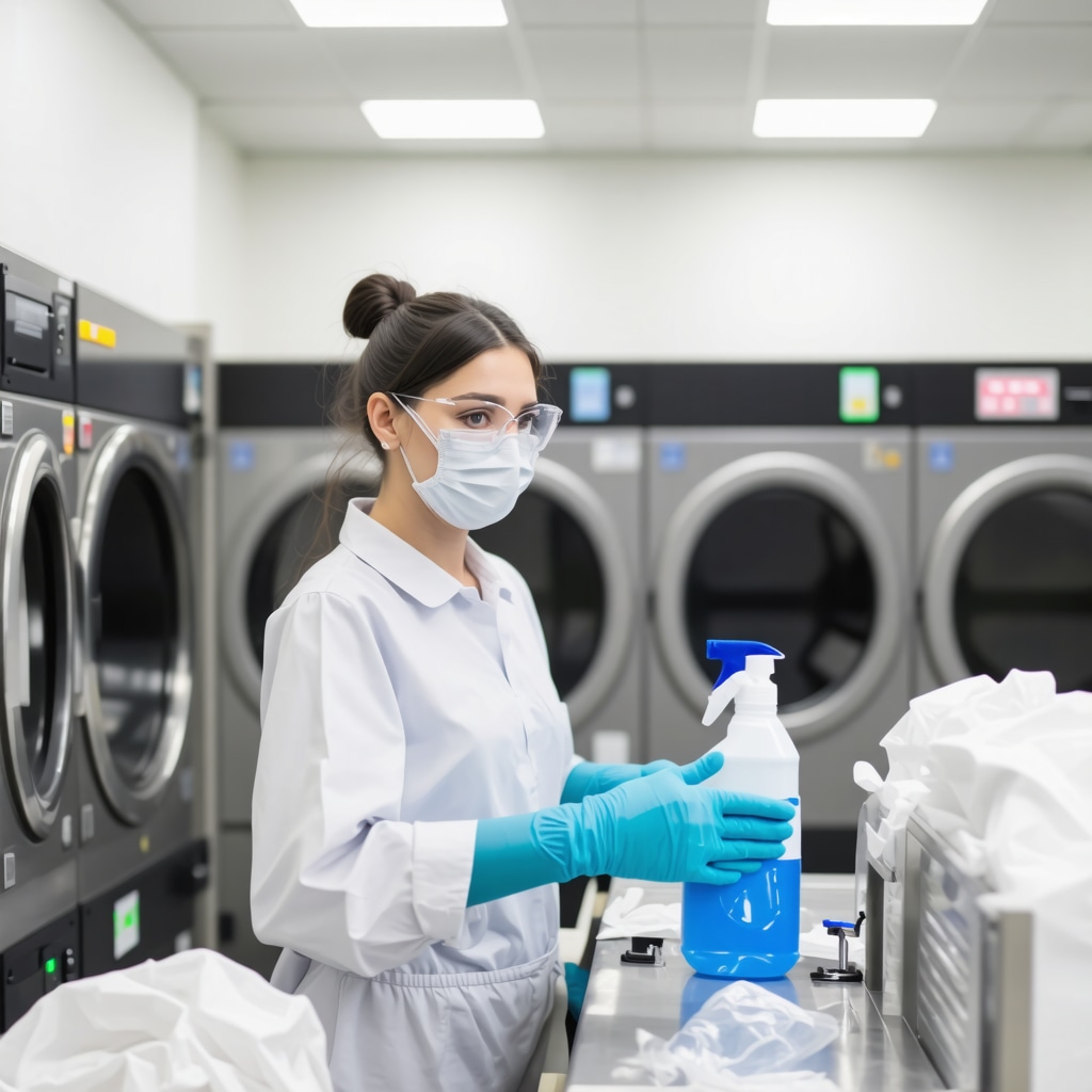 Laundry technician applying eco-friendly disinfectant in Tampa laundry facility.
