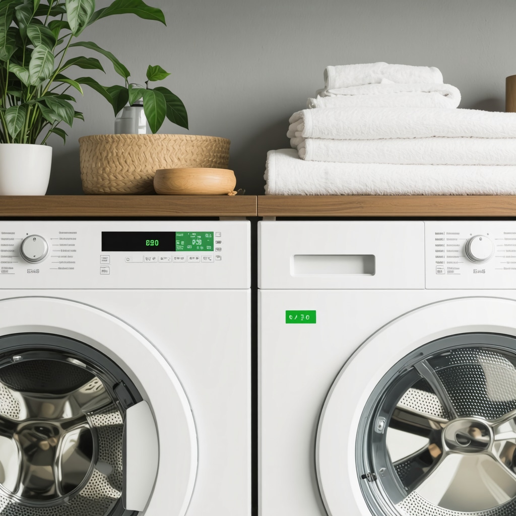 Modern eco-friendly laundry machines with green labels in a Tampa rental property
