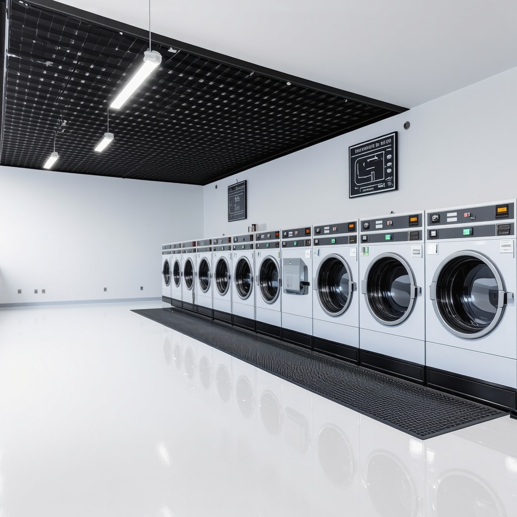 A modern, sustainable laundry facility featuring solar panels and advanced ozone cleaning technology in Tampa Bay