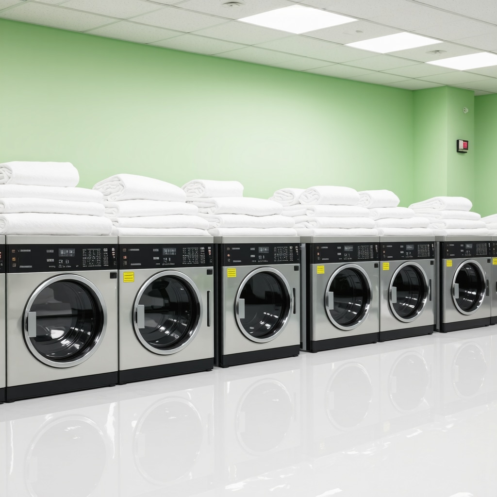 Modern laundry facility showcasing energy-efficient machines and neatly folded linens, highlighting eco-conscious practices.