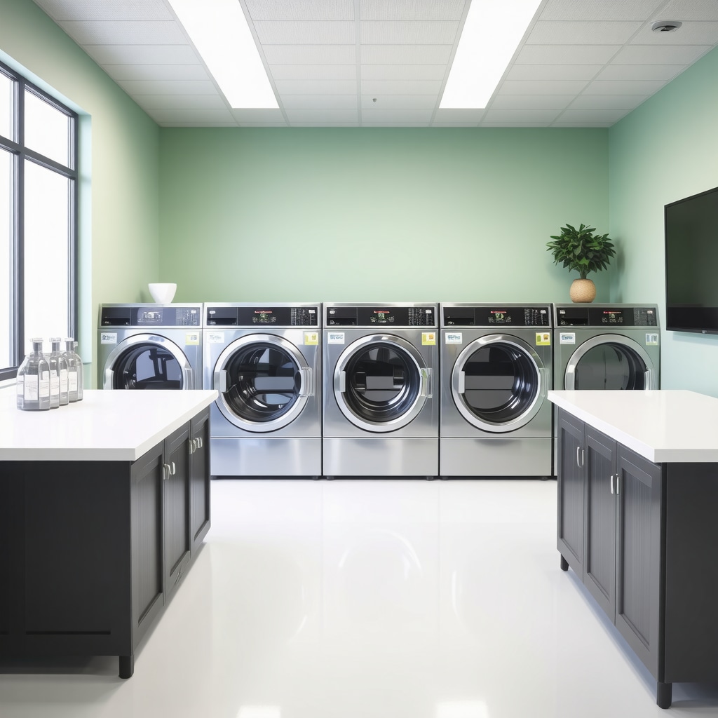 A modern eco-conscious laundry center with green practices and sustainable equipment