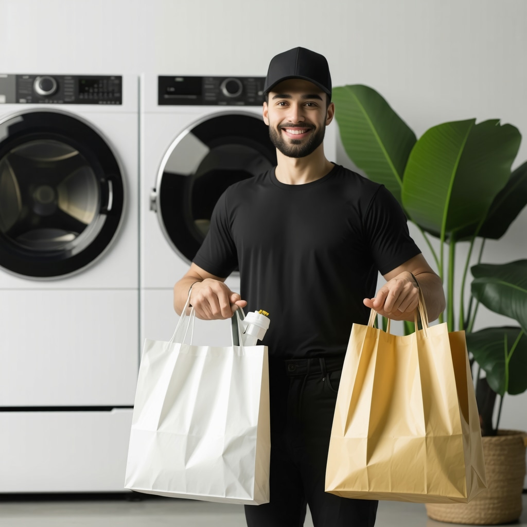 Reusable bags and green cleaning solutions used in eco-friendly laundry pickup