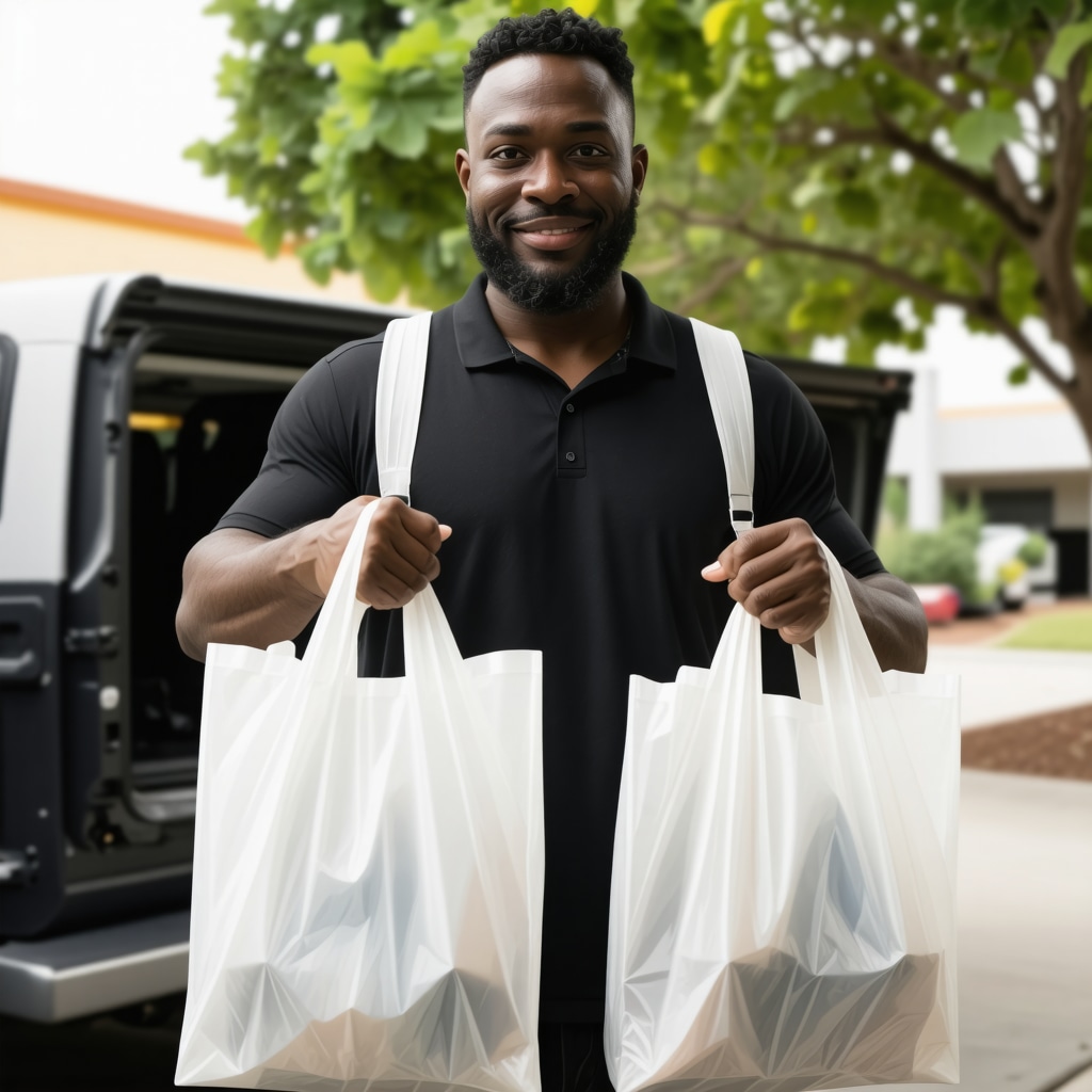 Laundry pickup technician with reusable eco-bags in Tampa neighborhood