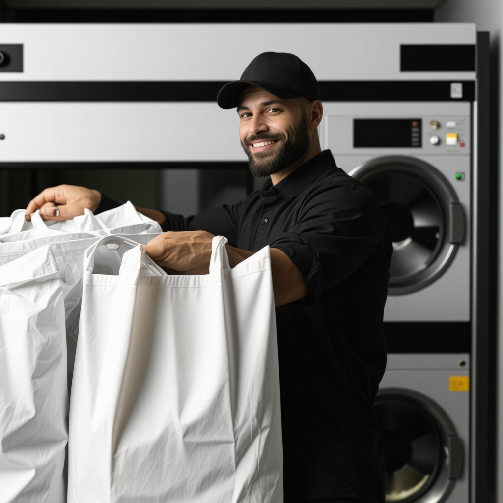 Technician with reusable eco-friendly laundry bags during pickup
