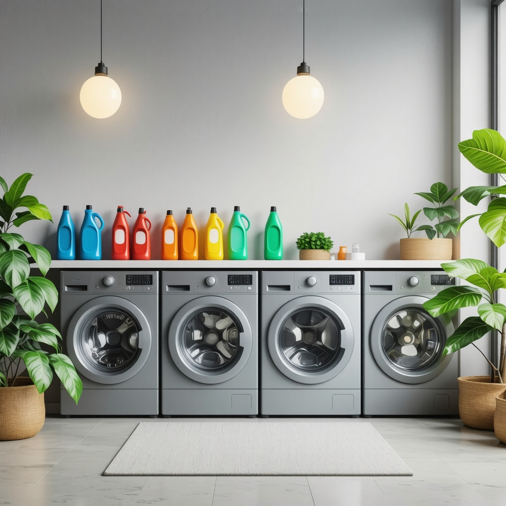 A modern laundry room featuring biodegradable detergents and energy-efficient appliances, emphasizing sustainability