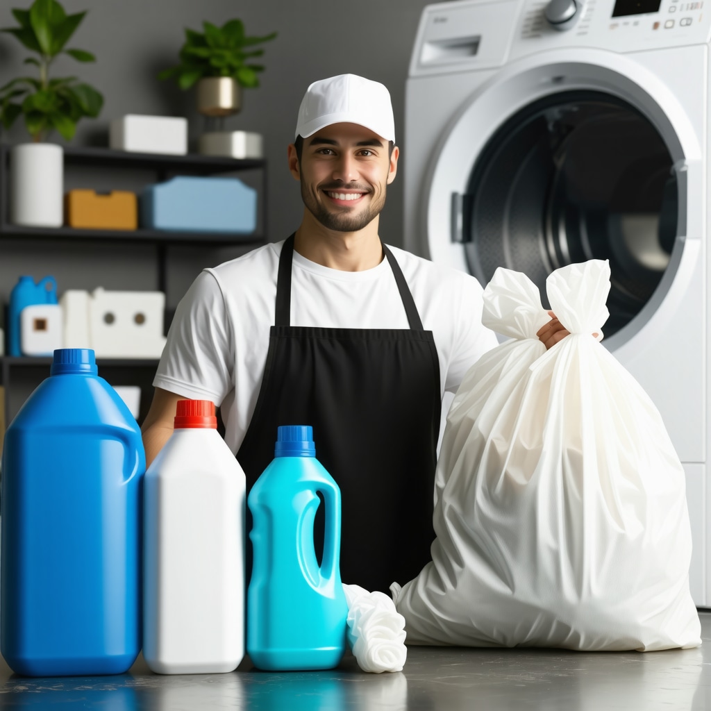 Laundry worker handling eco-friendly detergents and reusable laundry bags