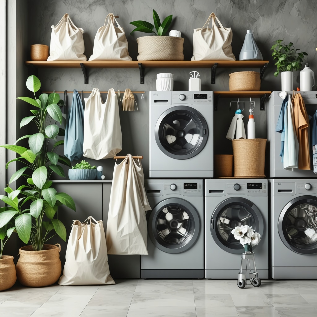 A clean, sustainable laundry space featuring reusable bags and eco-friendly detergents.