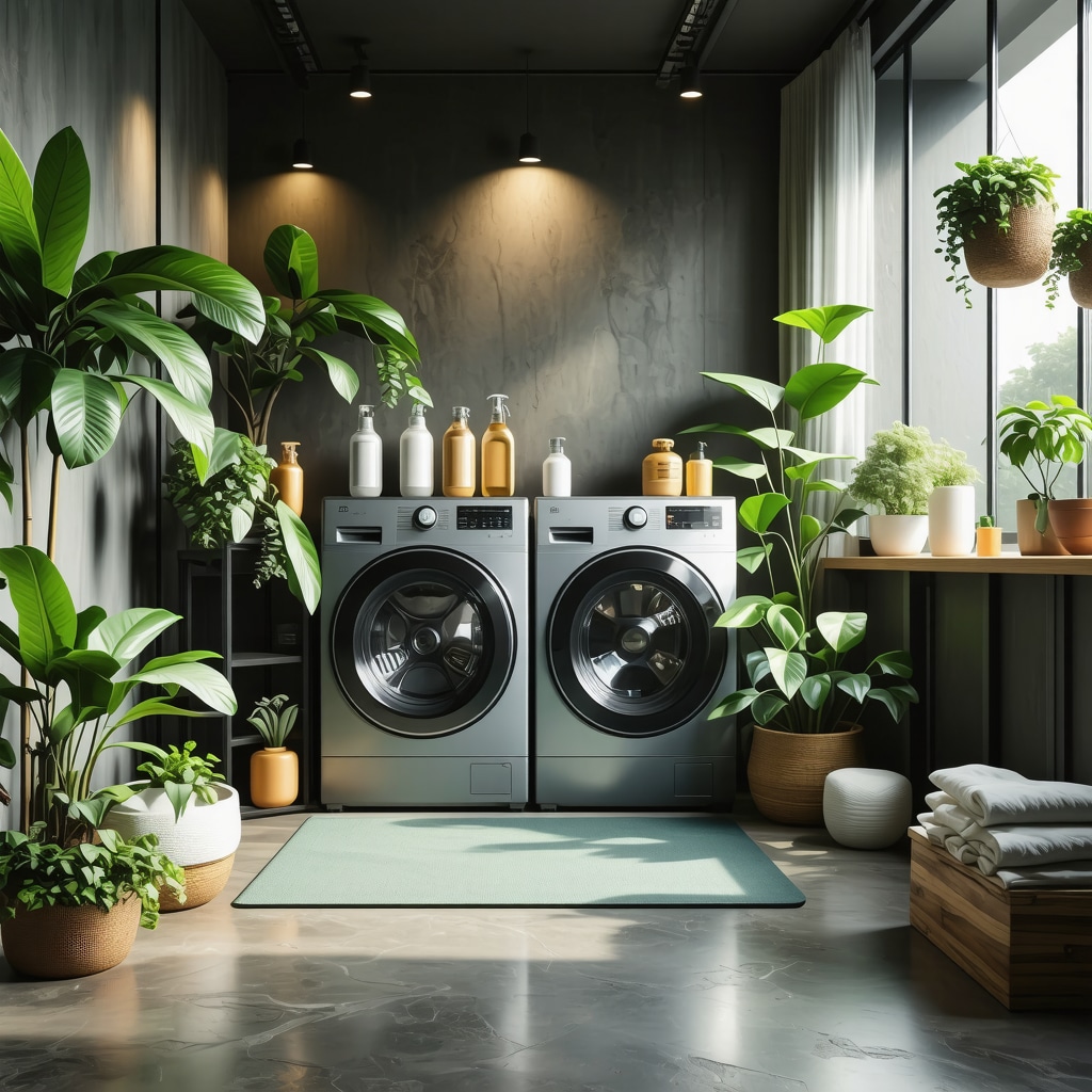 Eco-conscious laundry innovations with biodegradable products and smart technology devices.