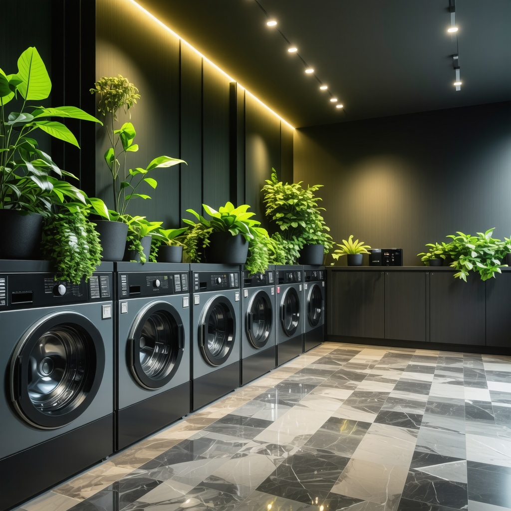 Smart eco laundry machines with IoT sensors in a modern laundry facility