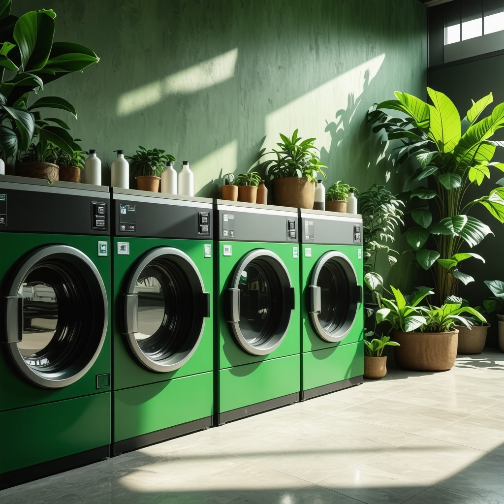 High-tech eco-friendly laundry machines with green detergents in a modern facility