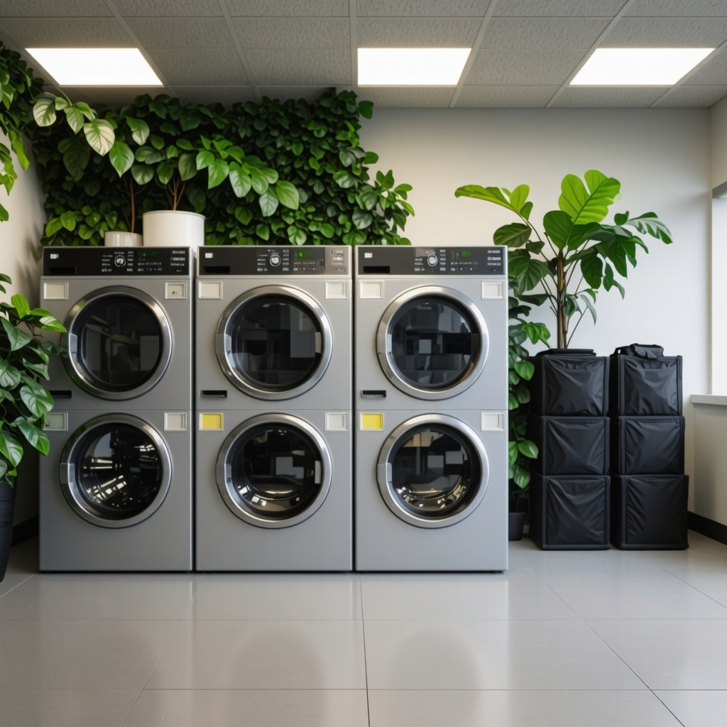 Modern eco-friendly laundry facility with green technology and reusable bags in Tampa