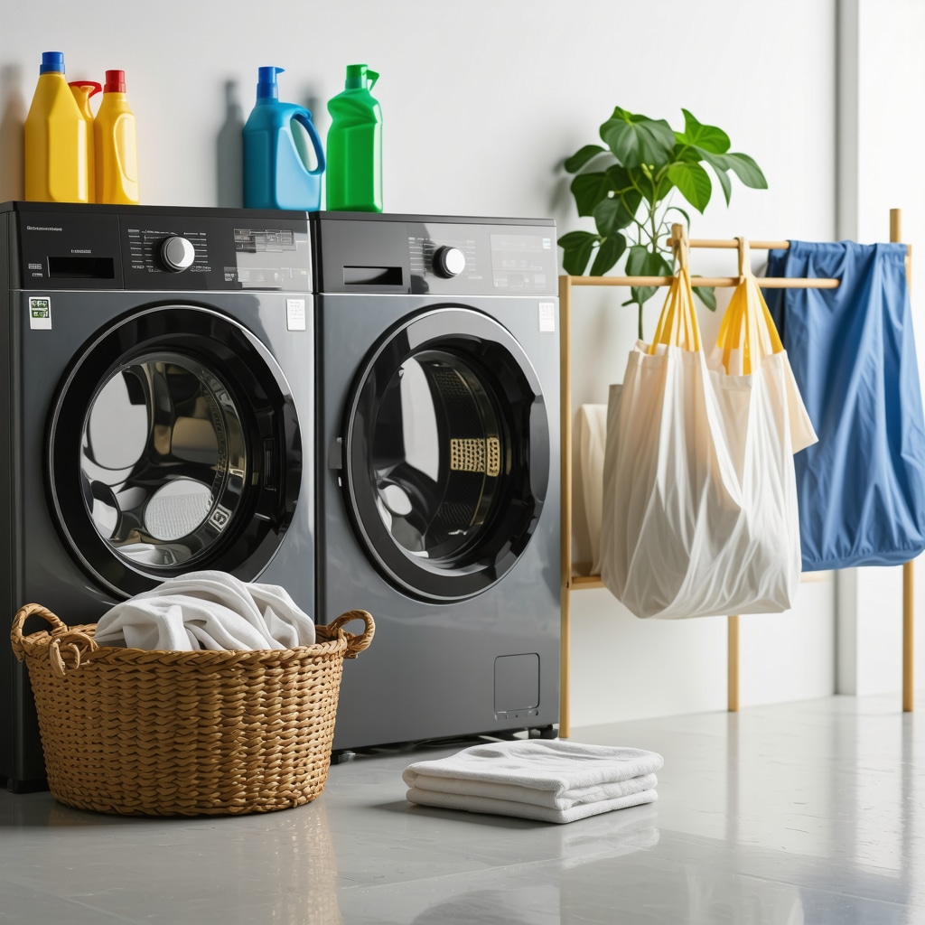 Modern eco-friendly laundry system in Tampa with green detergents and reusable bags