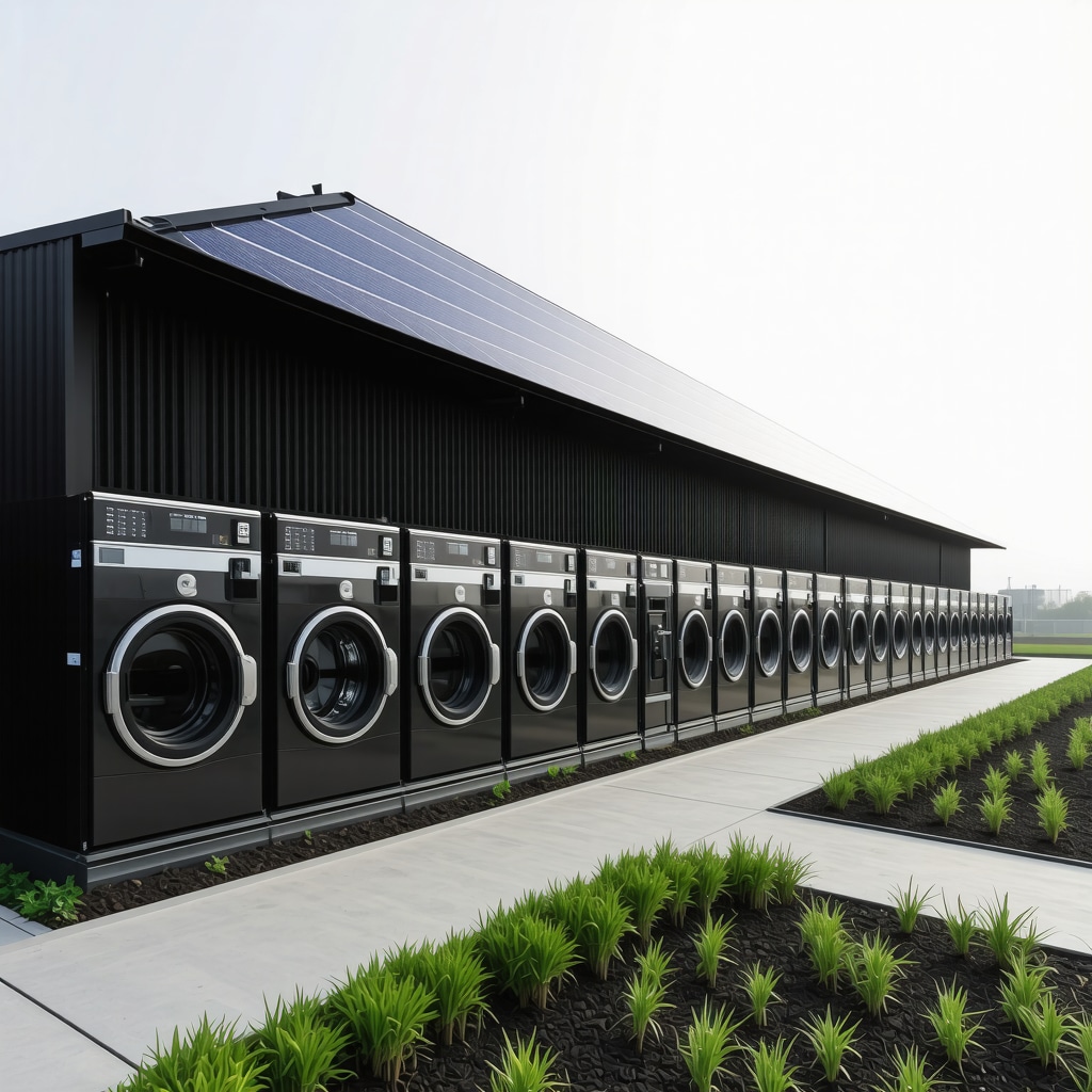 A modern laundry facility featuring solar panels and water recycling systems, symbolizing sustainability in laundry services.