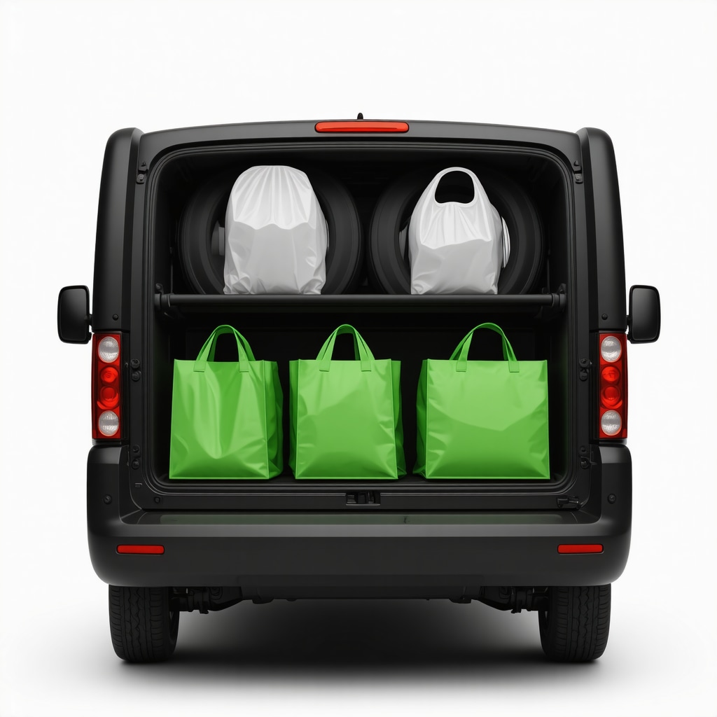 A clean, eco-friendly laundry pickup vehicle with reusable bags and green logistics technology.