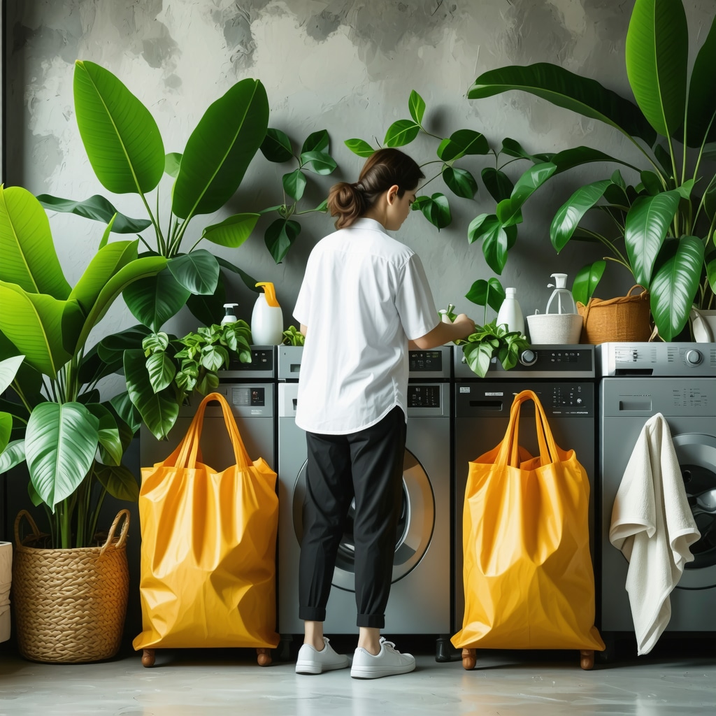 A person using eco-friendly laundry service with reusable bags and green cleaning products in Tampa