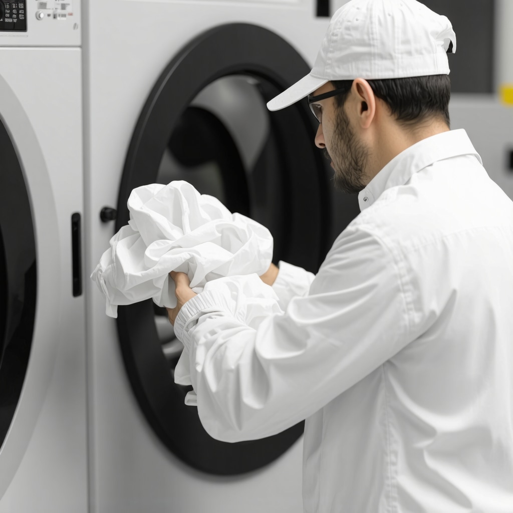 Laundry technician using eco-friendly products to wash delicate linens