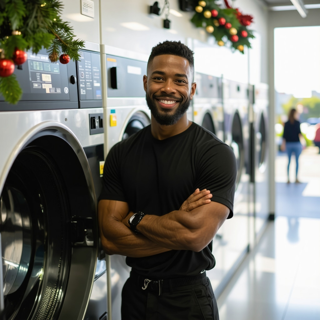 Professional eco-friendly laundry service team in Tampa during the holidays, showcasing sustainable practices.