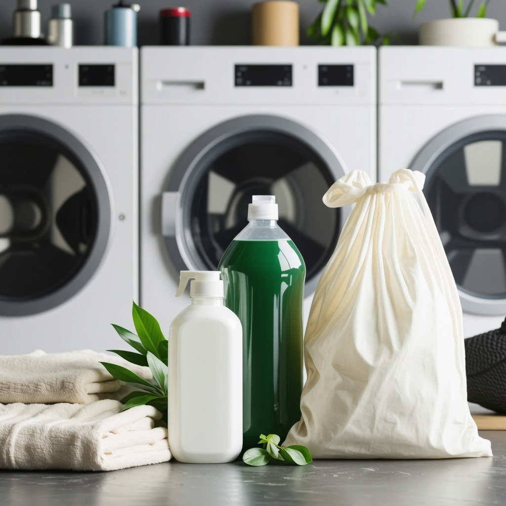 Eco-friendly laundry detergents and reusable bags at a modern laundry facility.