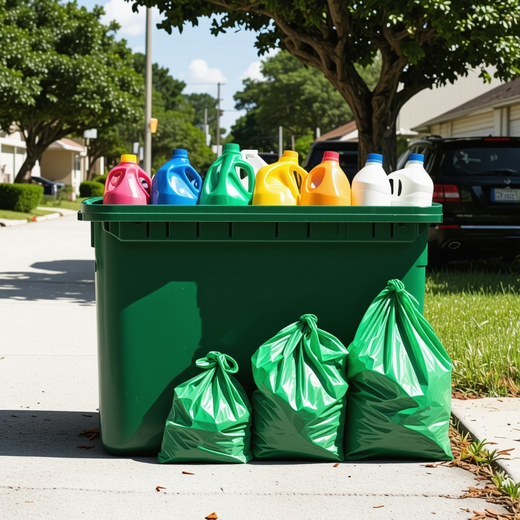 Reusable laundry bags and green detergents with Tampa cityscape