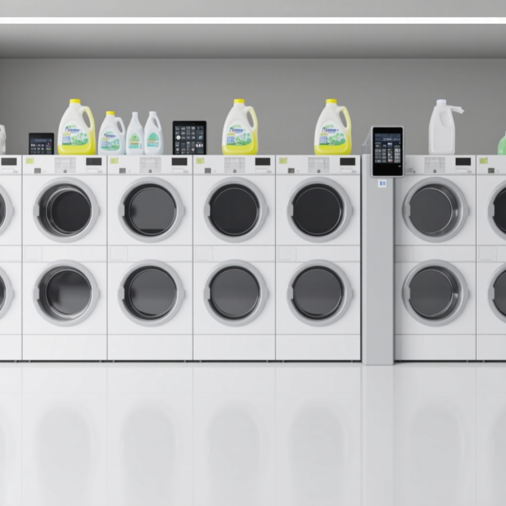 Modern laundry machines with digital controls and allergy-free detergents in a clean, sustainable facility