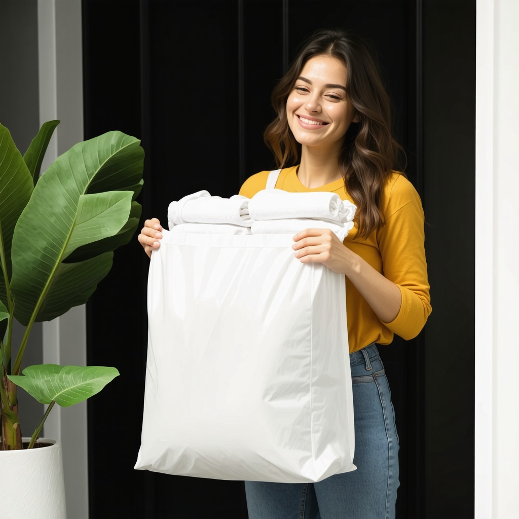 Person receiving eco-friendly folded laundry delivery bags at home doorstep