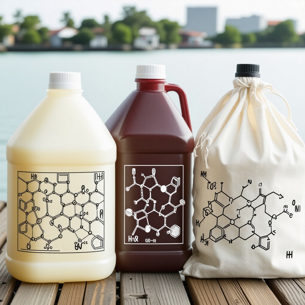 Close-up of green laundry detergents with scientific overlays and reusable bags beside Tampa Bay water