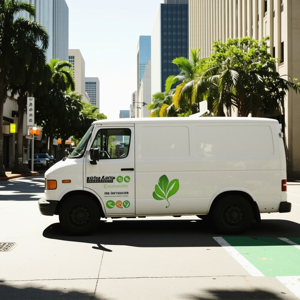 Tampa laundry pickup van on city street with eco-friendly branding
