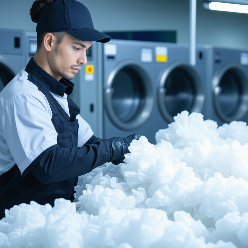 Laundry technician carefully handling delicate fabrics with eco-friendly detergents in a clean, modern laundry facility
