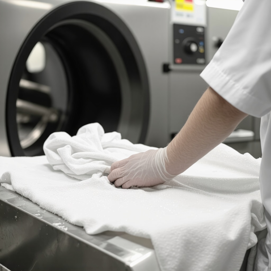 Professional laundry technician using ultrasonic cleaning on delicate fabrics with eco-friendly detergents