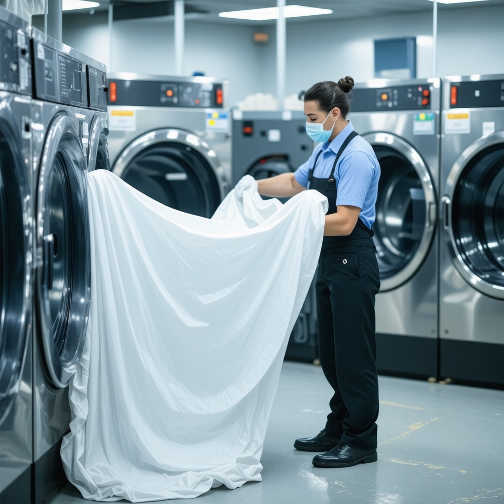 Professional handling delicate garments in a clean laundry facility