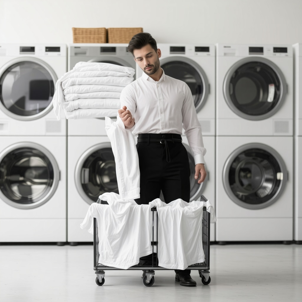 Close-up of professional laundry folding process in organized laundry room