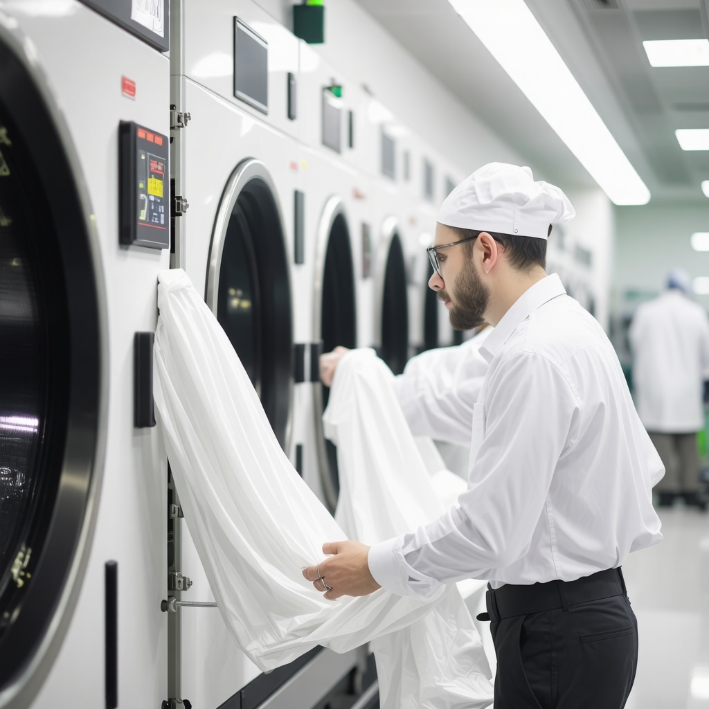 Technician handling delicate fabrics with care in a clean, modern laundry facility