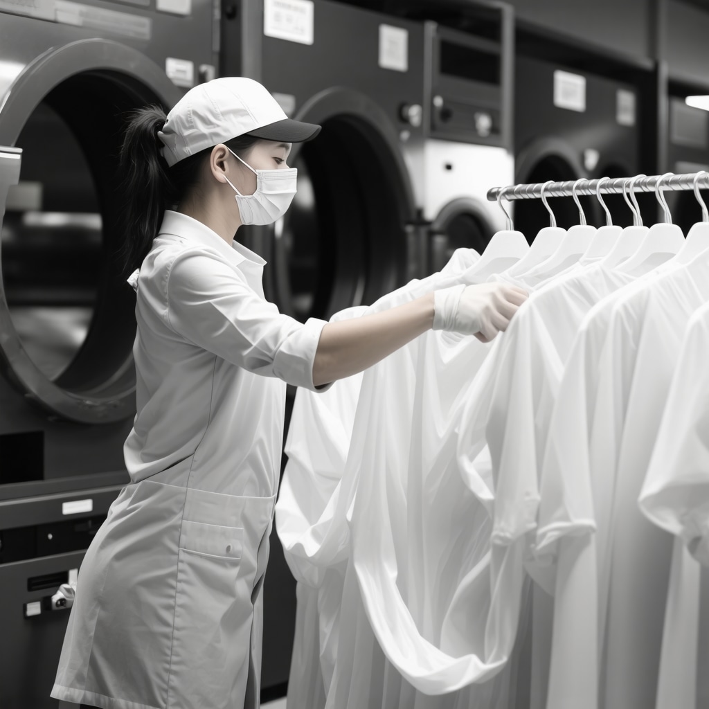 Technician carefully handling silk garments in a state-of-the-art laundry facility.