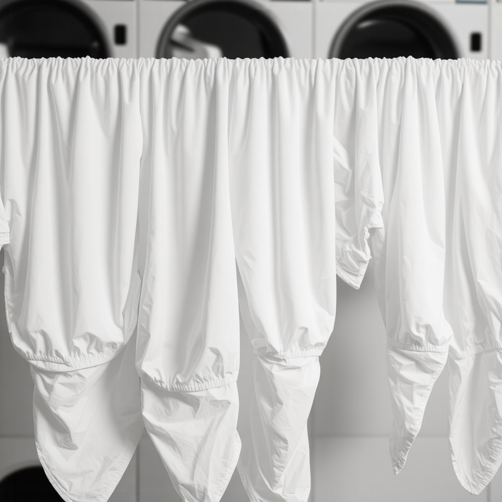 Close-up of delicate laundry and eco-friendly detergent bottles in a professional setting.