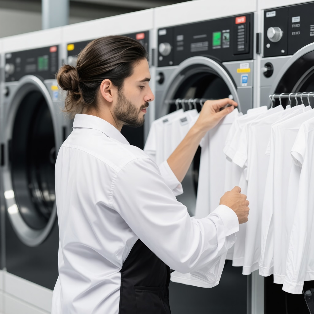 A skilled technician in a clean laundry facility handling delicate clothes with care.