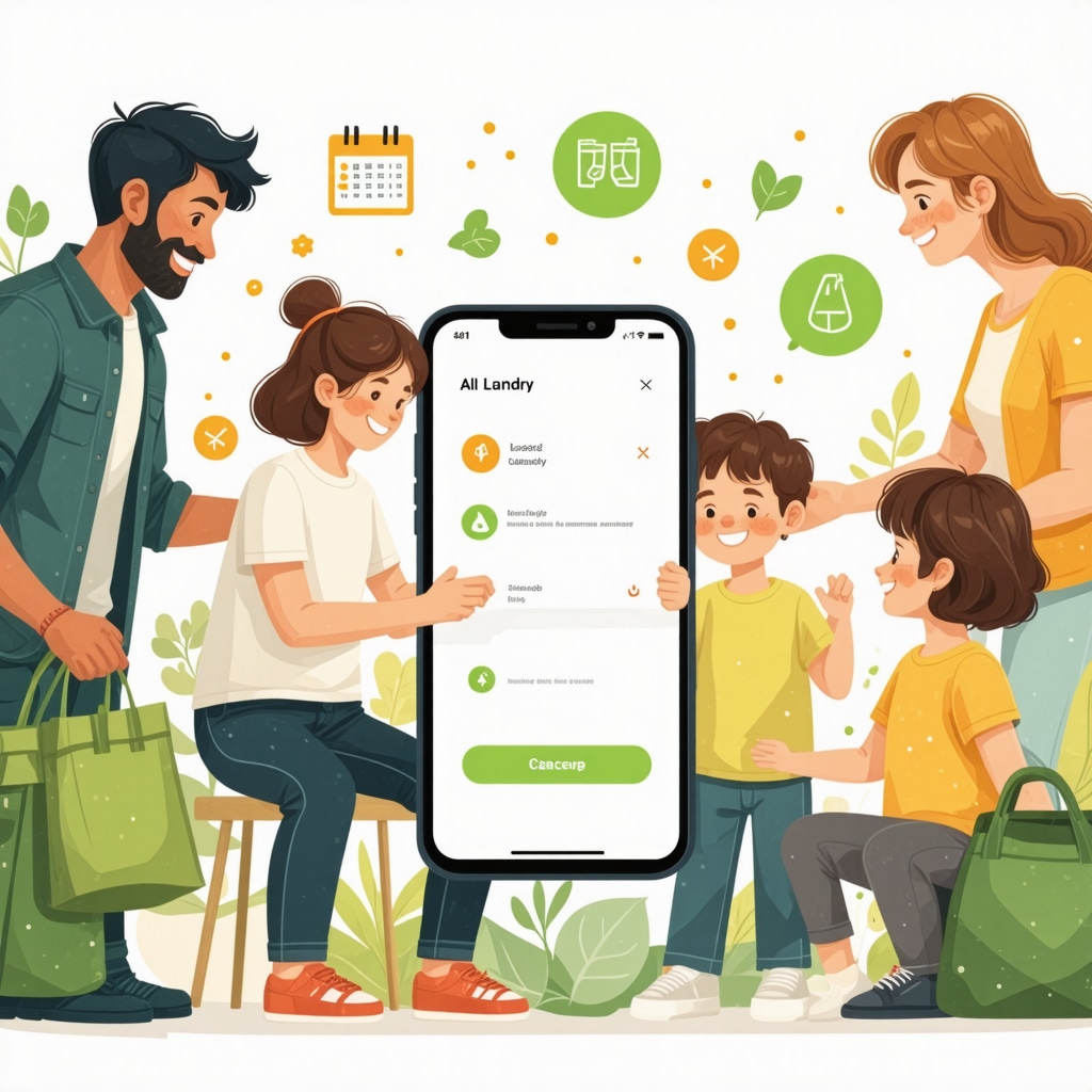 Family using app to schedule eco-friendly laundry pickup with AI and digital calendar integration