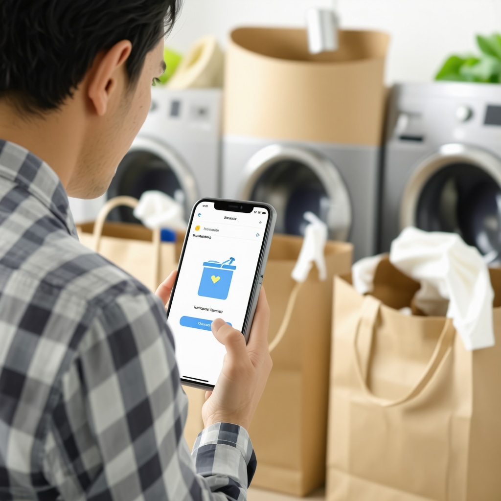 Family using laundry pickup app on smartphone with laundry bags in background