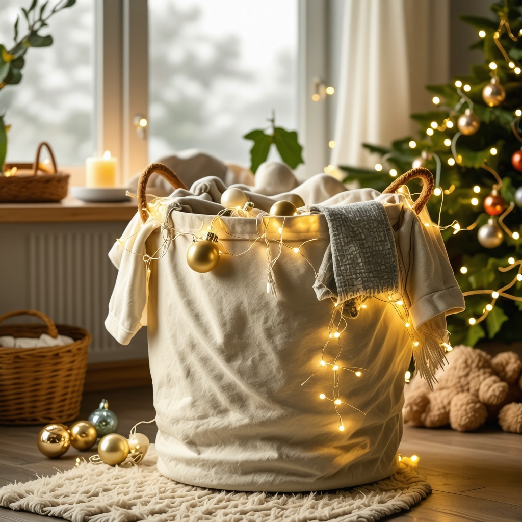 Holiday-themed laundry basket filled with decorated clothes in a cozy home setting.