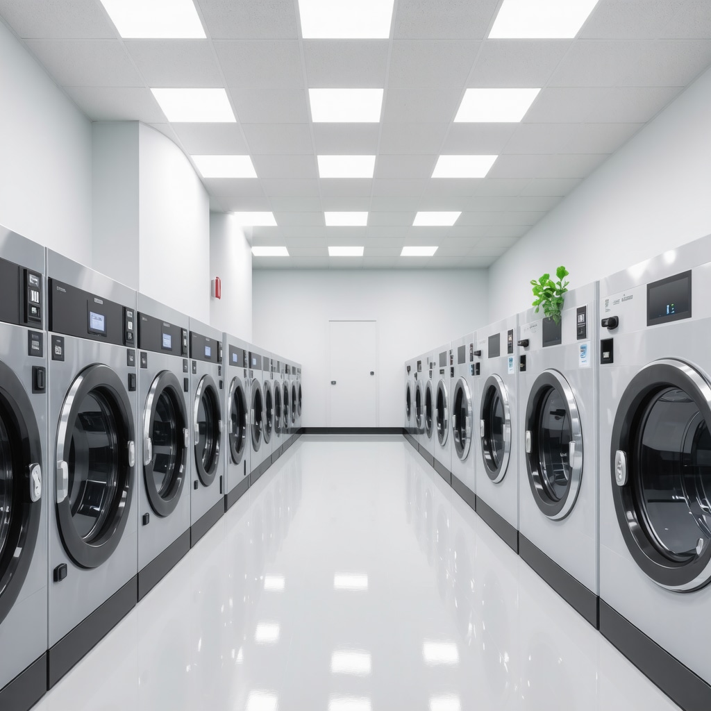 High-tech laundry machines and data dashboards in Tampa's eco-friendly laundry plant