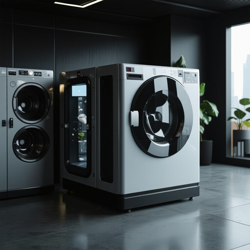 High-tech laundry pickup with AI and IoT devices, eco-friendly packaging, and digital interfaces