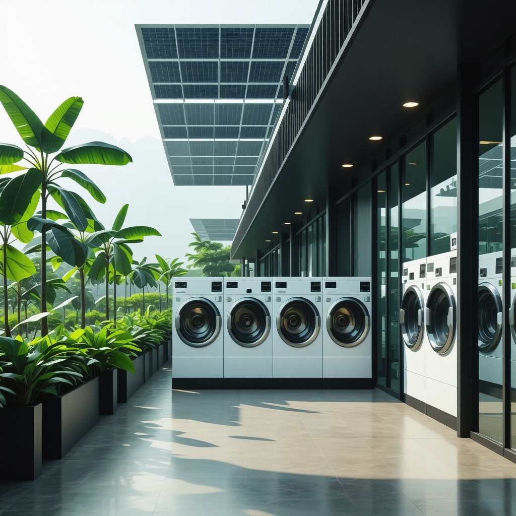 Eco-friendly laundry facility with solar panels and smart technology