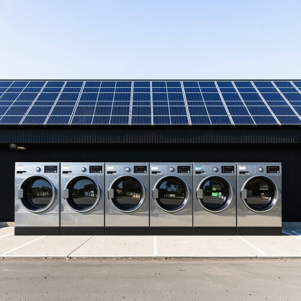 Eco-friendly laundry facility with solar panels and contactless stations
