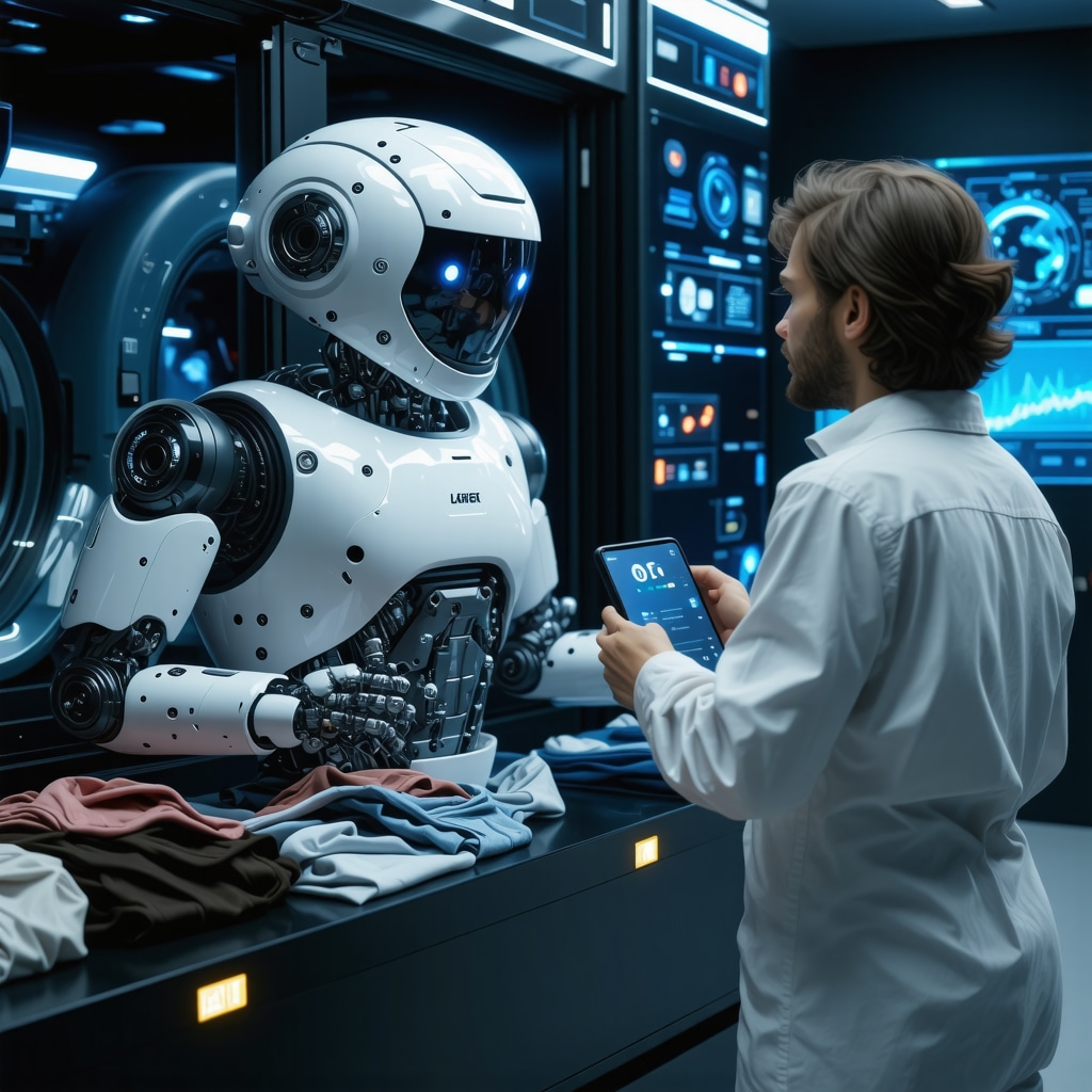 AI robots sorting clothes with customer using smart app and blockchain data visualization in background
