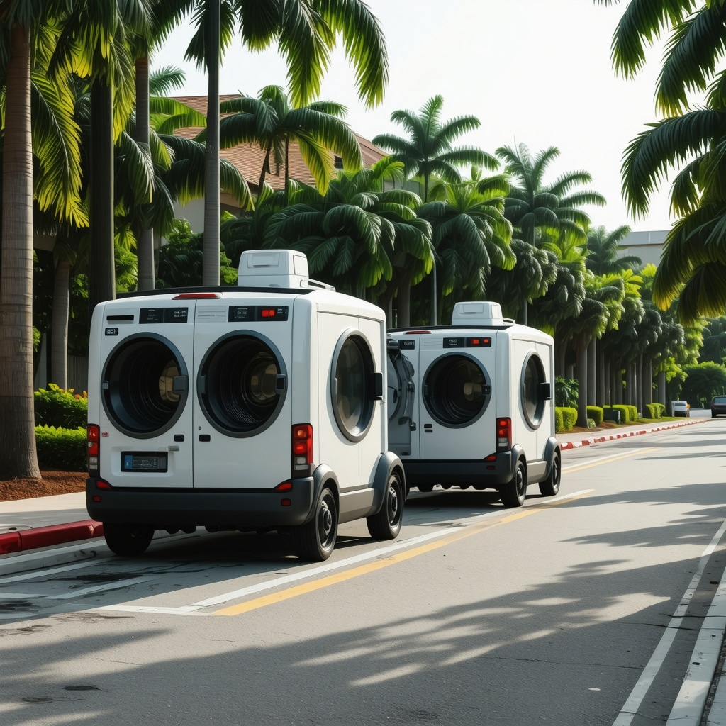 Eco-friendly laundry delivery vehicle with reusable bags and smart home interfaces in Tampa Heights
