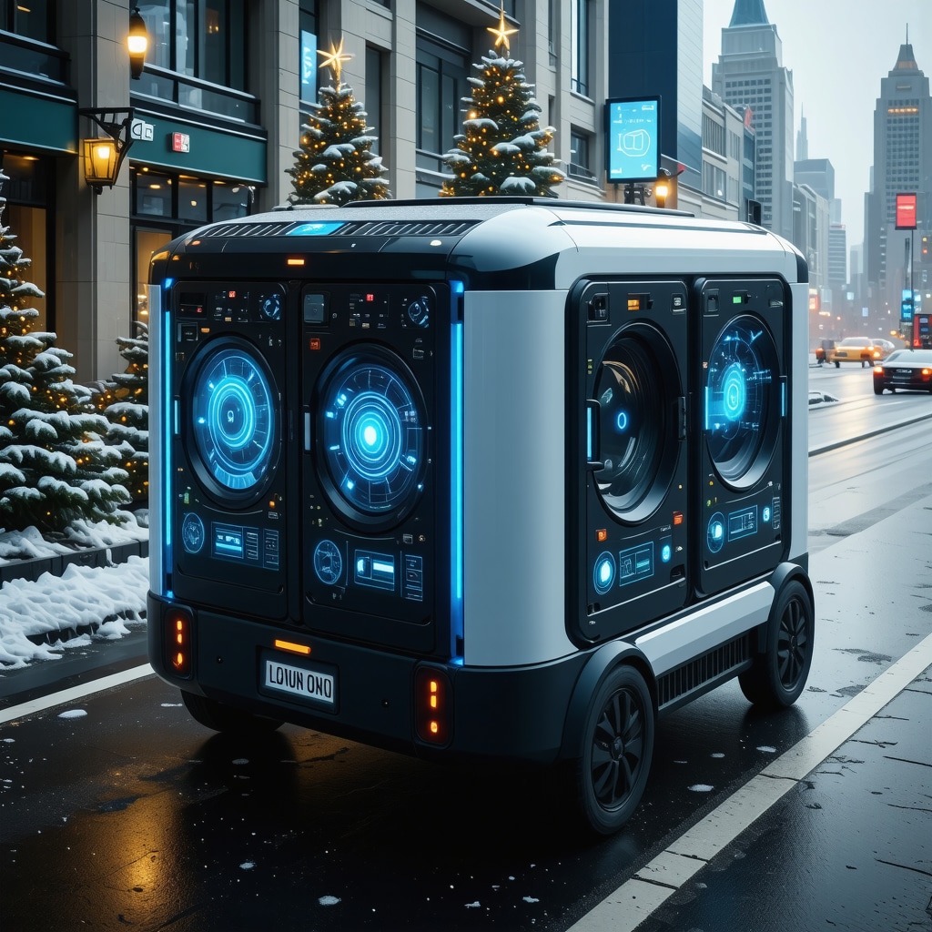 A high-tech laundry delivery vehicle with glowing IoT sensors and quantum computing symbols over a city map, showcasing advanced contactless delivery technology during holidays