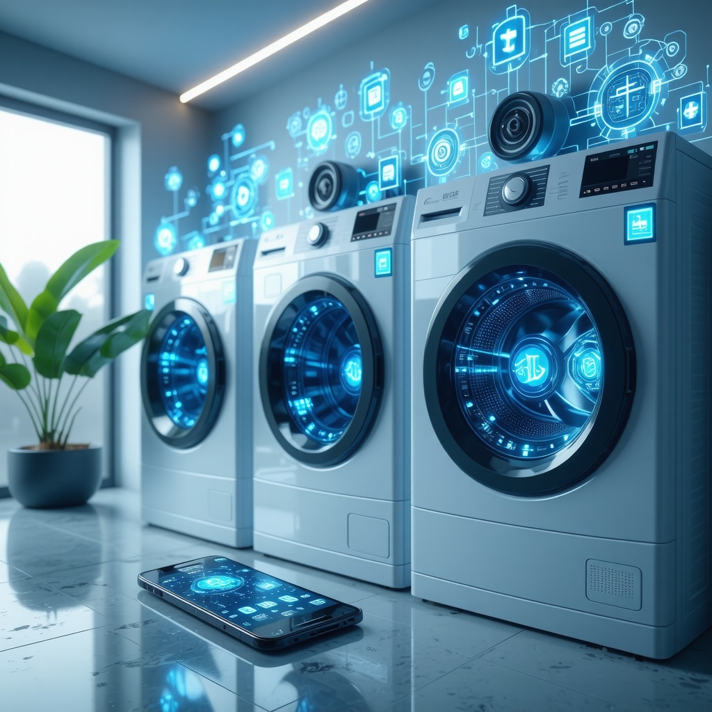 IoT-enabled washing machines and blockchain icons illustrating secure, smart laundry pickup services
