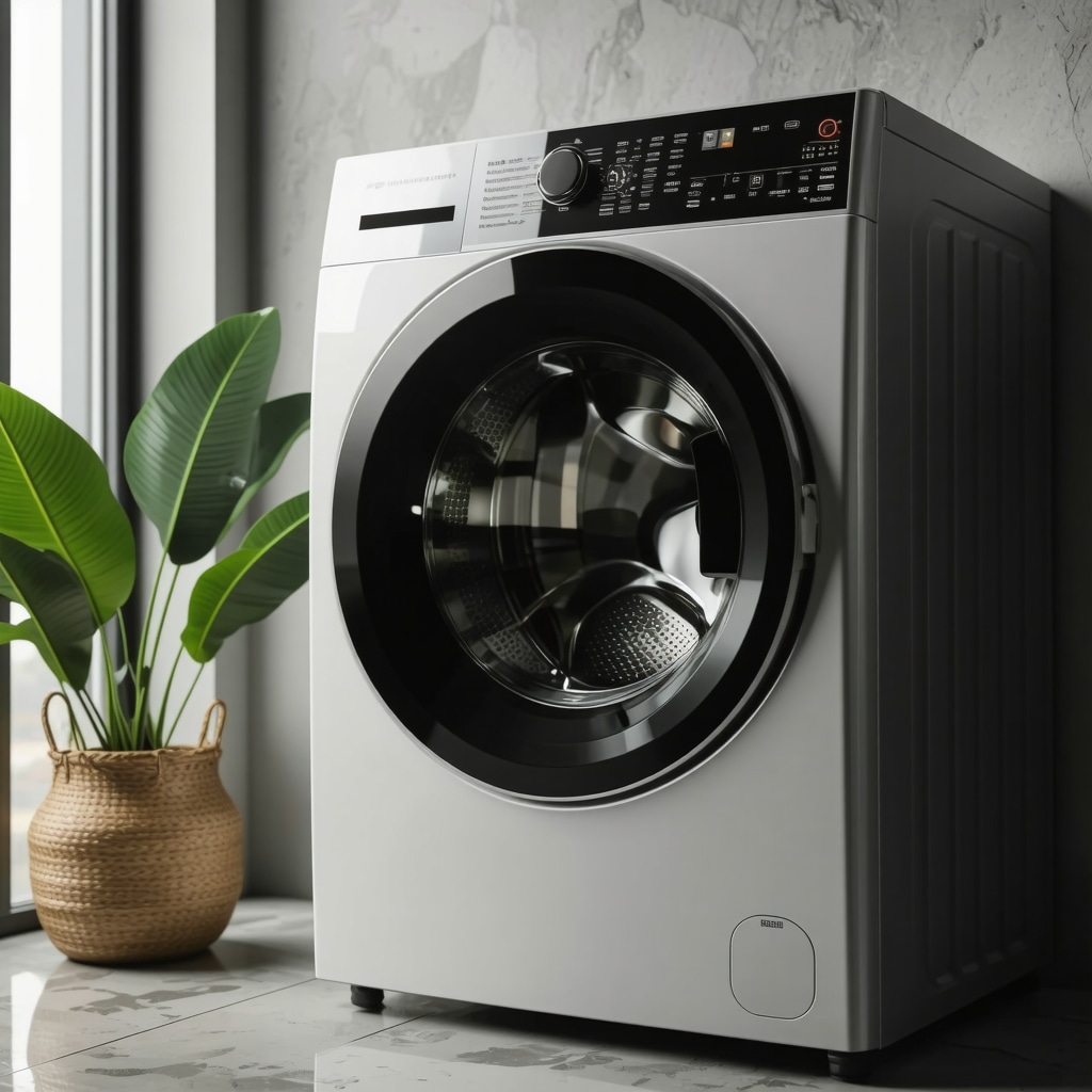 Smart washing machine with IoT sensors and digital interface in a modern laundry room